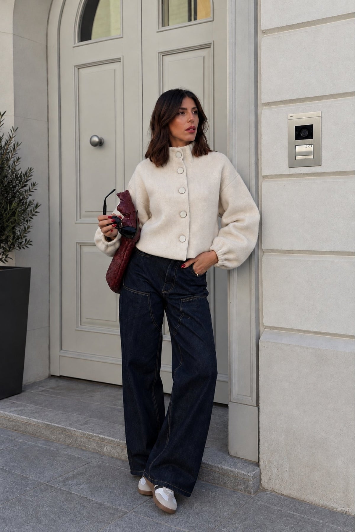 Gathered Collar Button Detail Knit Cardigan - Stone