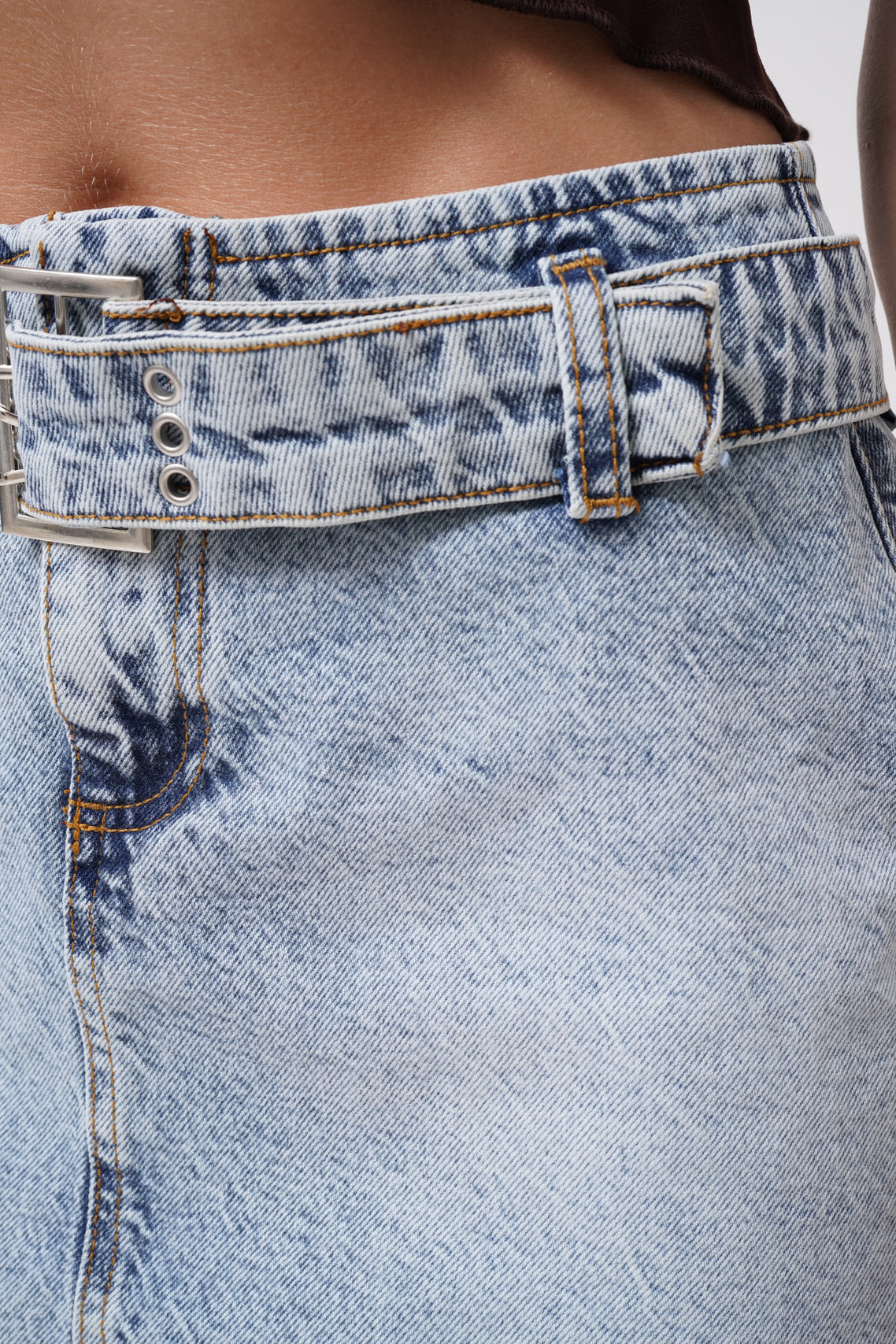 Kemer Detay Denim Mini Etek - Açık Mavi