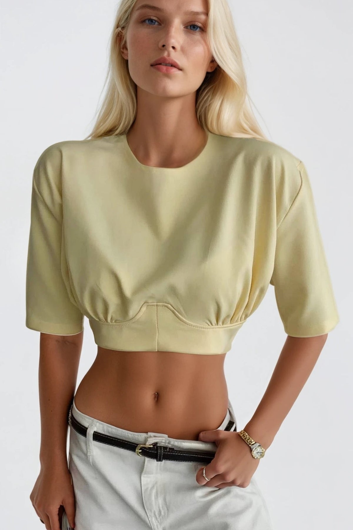 Bel Oturtmalı Crop T-Shirt - Mavi