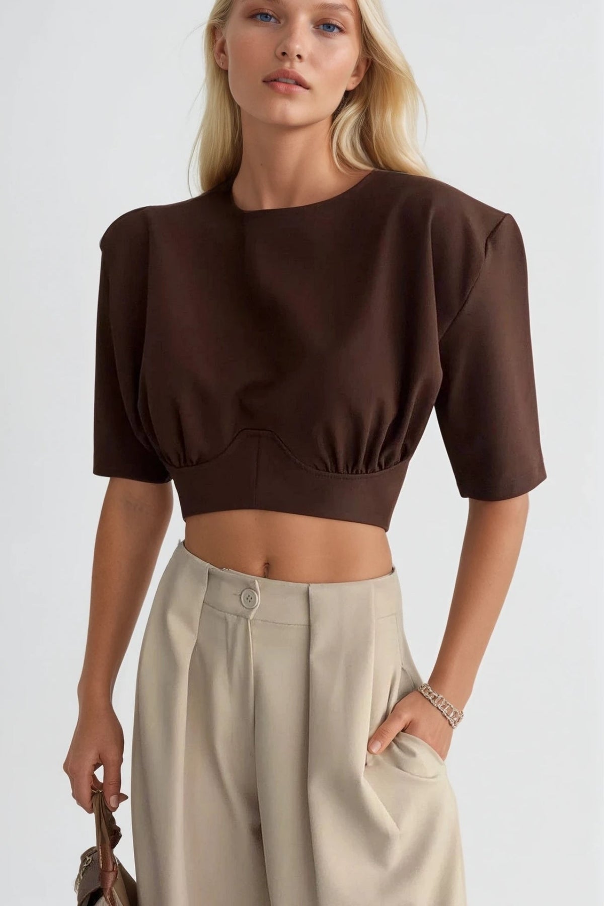 Bel Oturtmalı Crop T-Shirt - Mavi
