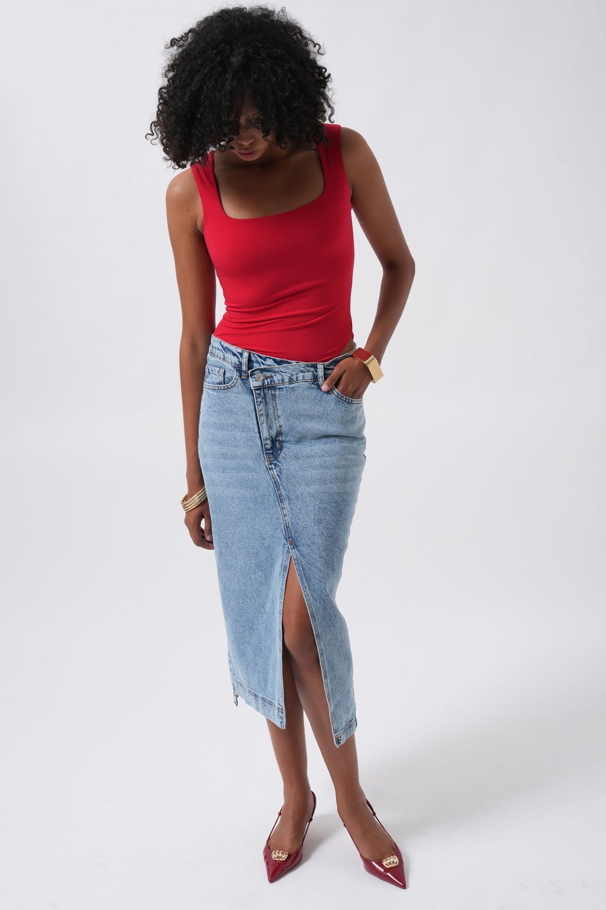 Kare Yaka Kalın Askılı Bodysuit - Kırmızı