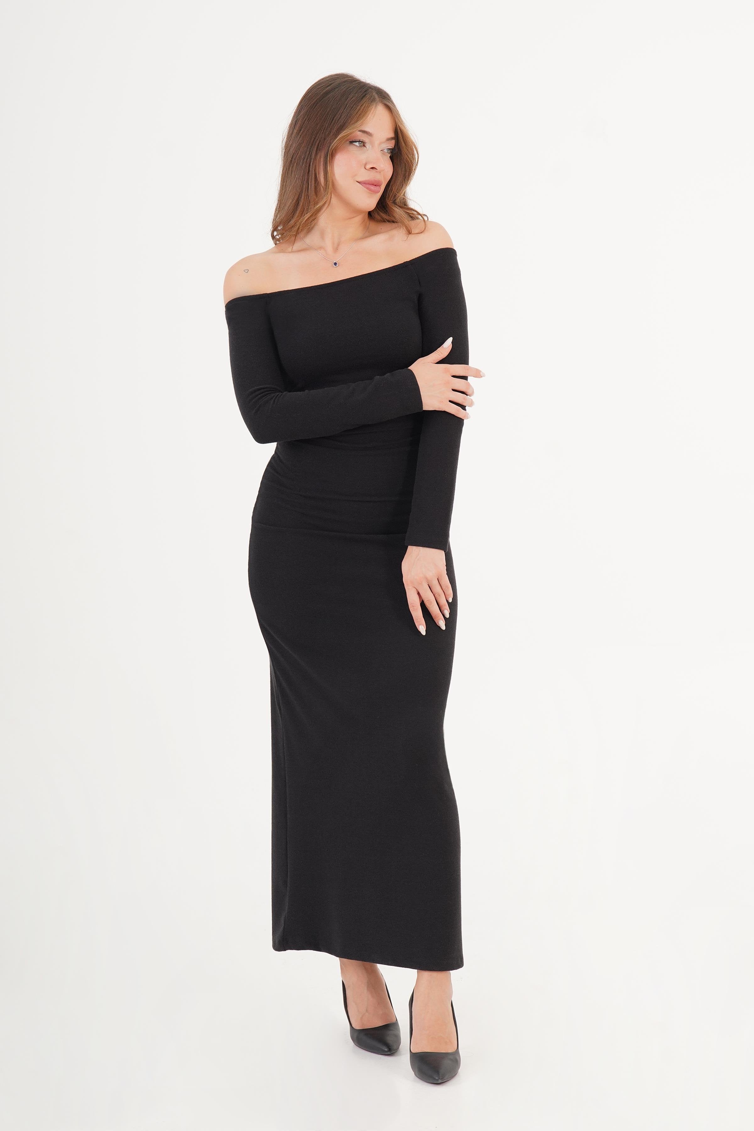 Beli Büzgü Detaylı Siyah Toptan Elbise Siyah S