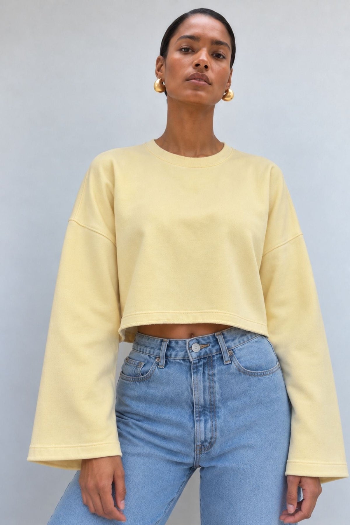Geniş Kol Bisiklet Yaka Basic Sweatshirt - Beyaz