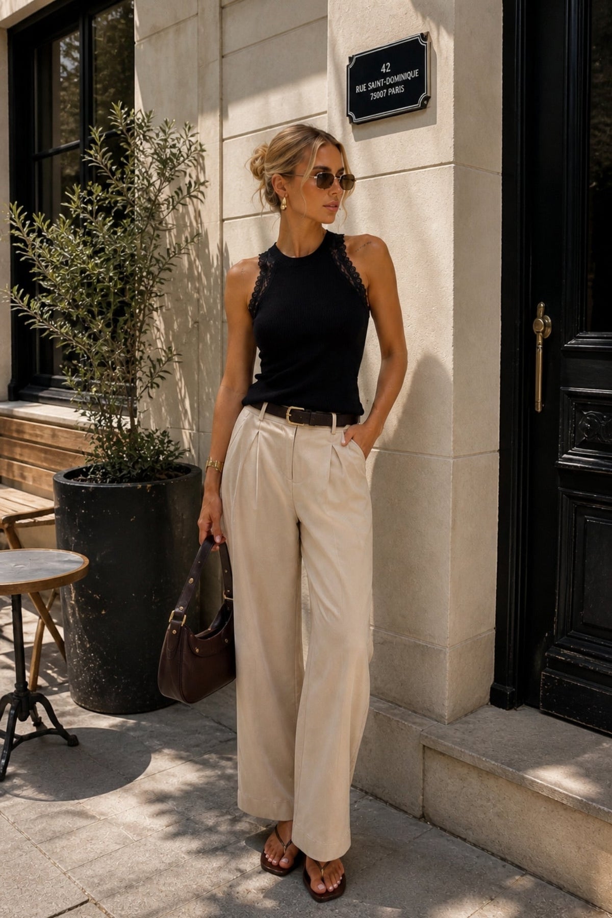 Halter Yaka Dantel Detay Triko Bluz - Kahverengi