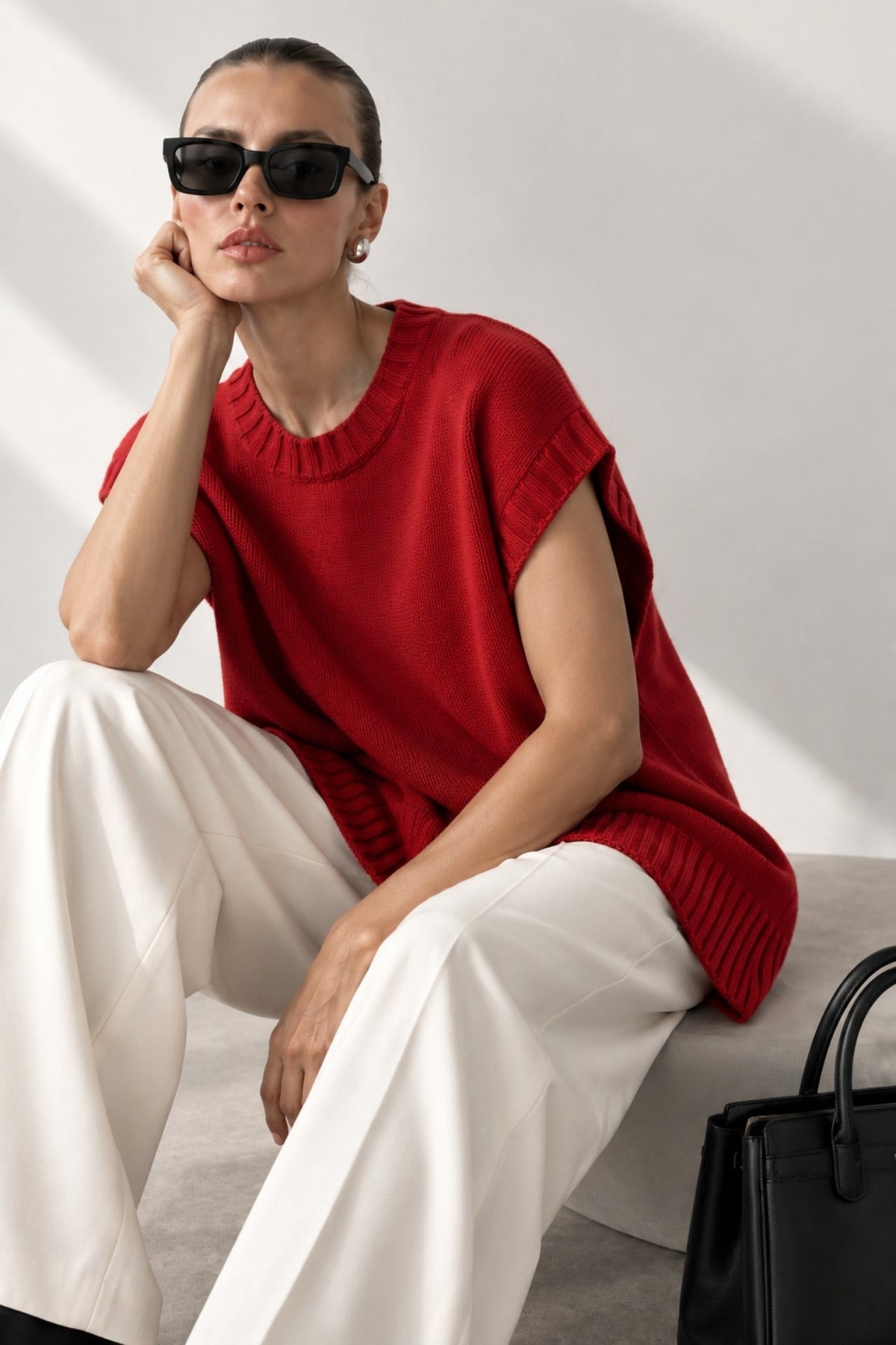 Oversize Basic Triko Süveter - Kırmızı