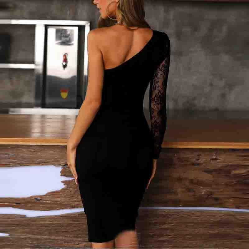Women's Black One-Shoulder Lace Detail Crepe Dress with Shoulder Cut-Out, 31192