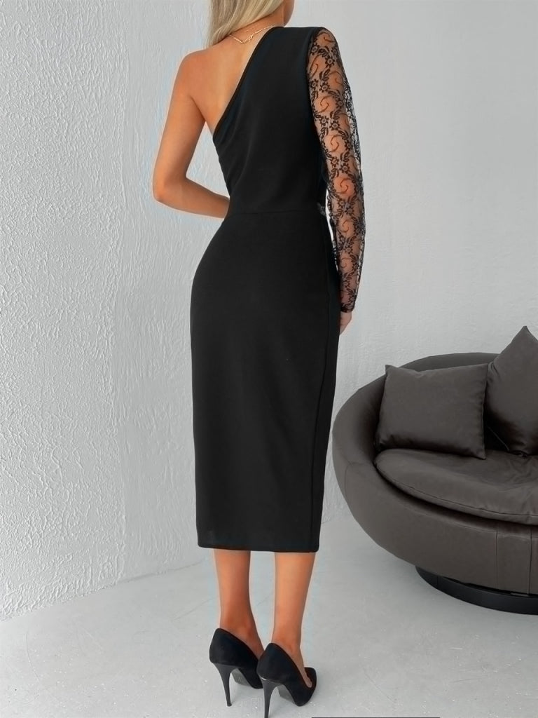 Women's Black One-Shoulder Lace Detail Crepe Dress with Shoulder Cut-Out, 31192