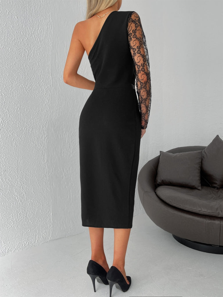 Women's Black One-Shoulder Lace Detail Crepe Dress with Shoulder Cut-Out, 31192