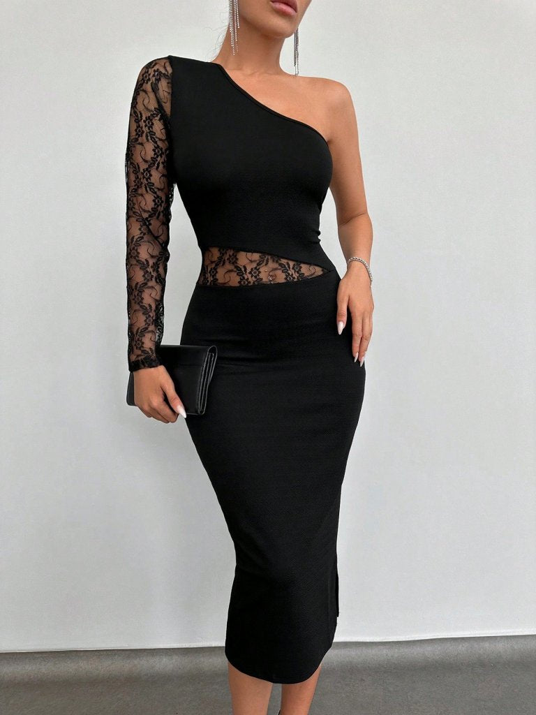 Women's Black One-Shoulder Lace Detail Crepe Dress with Shoulder Cut-Out, 31192