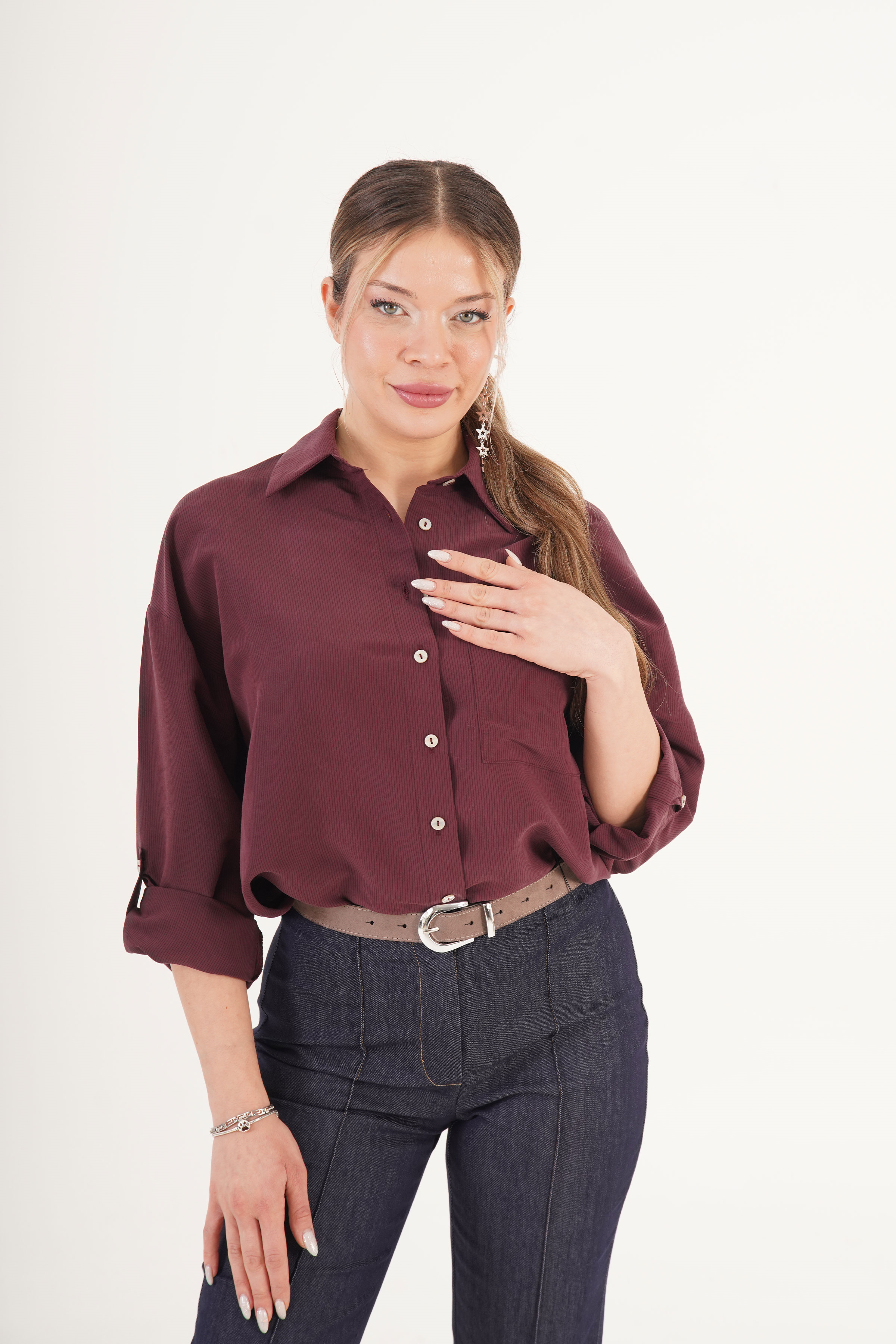 Minimal Soft Çizgili Bordo Toptan Gömlek Bordo S