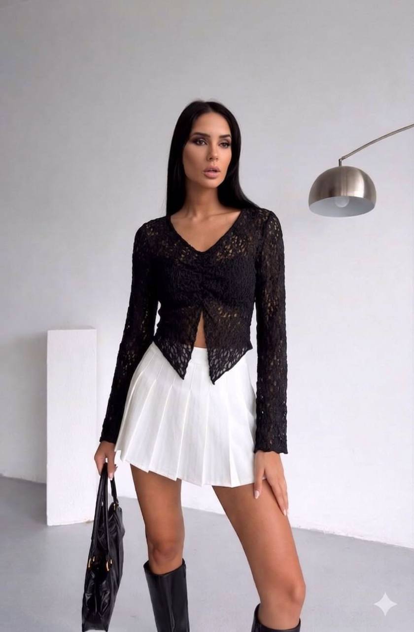 Ön Büzgülü Uzun Kol Dantel Bluz