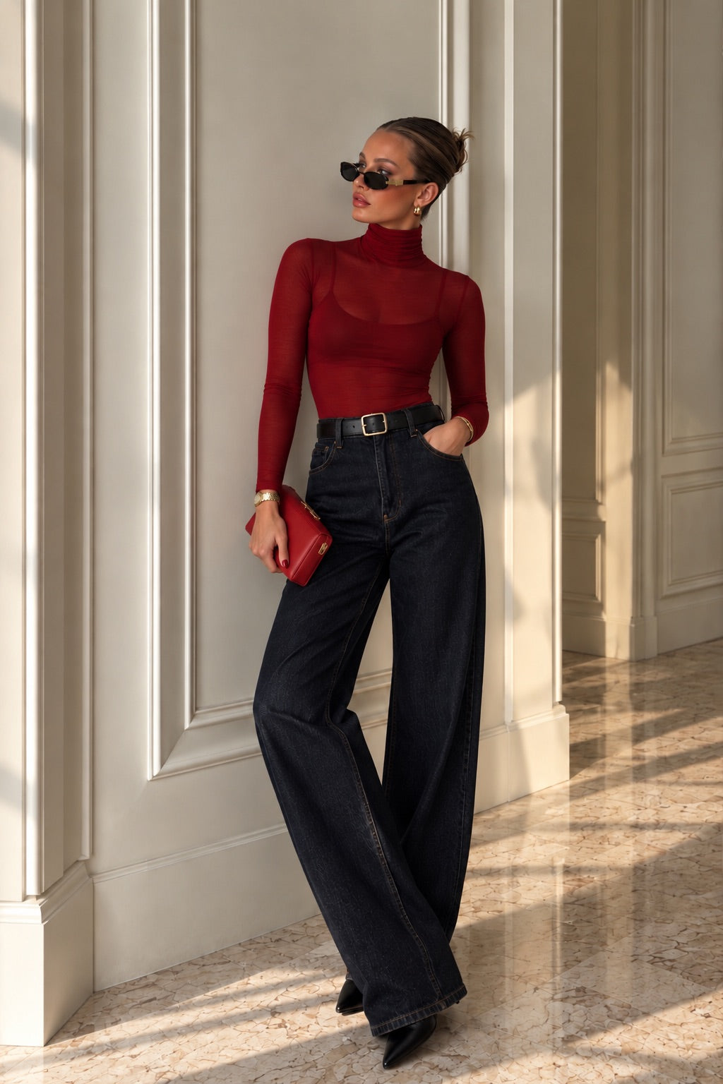 Balıkçı Yaka Transparan Bluz - Bordo