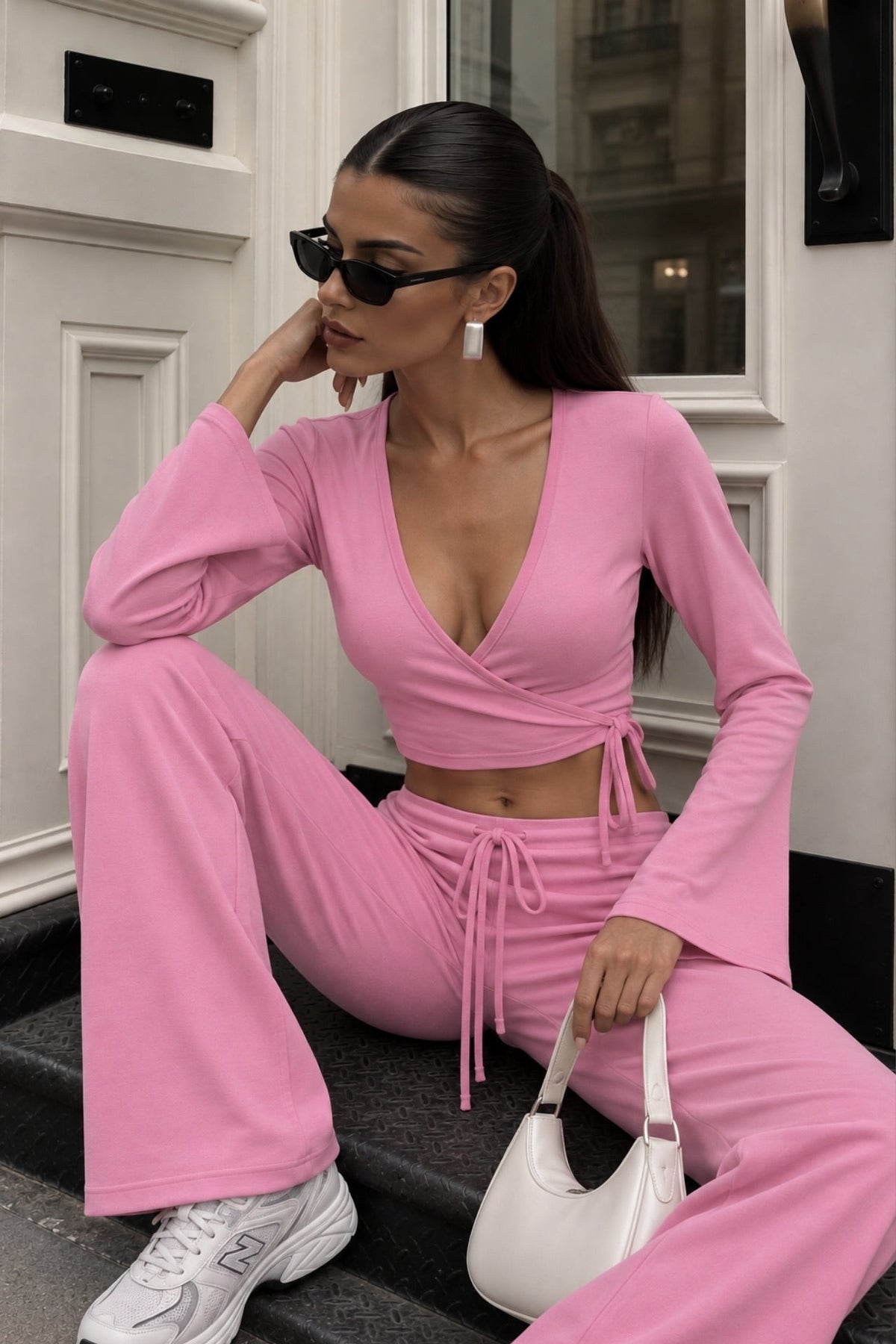 Bel Bağlamalı Kruvaze Yaka Bluz Düşük Bel Pantolon İkili Takım - Pembe