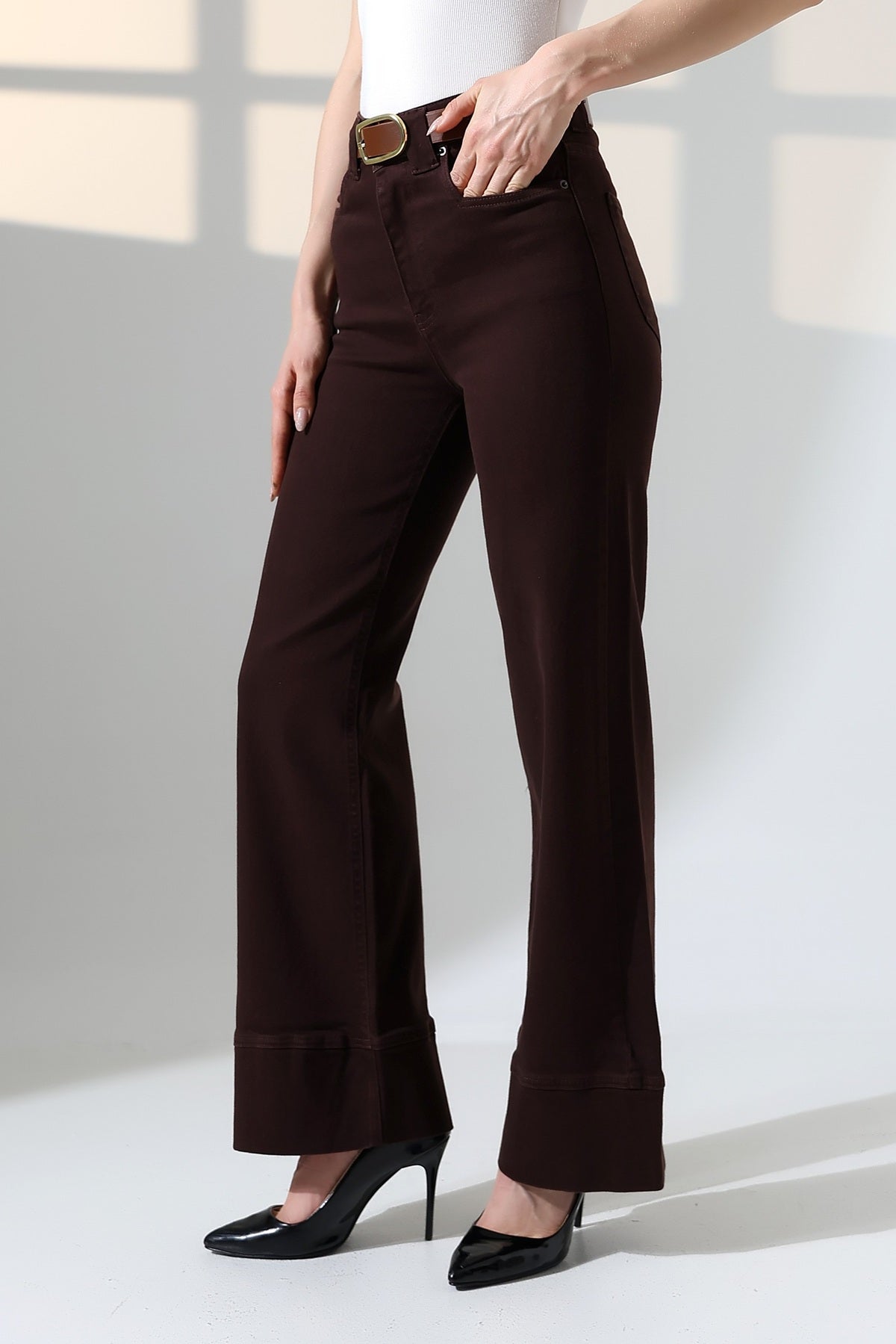 Paça Detaylı Palazzo Kot Pantolon 7164 - Kahverengi - (27-32) - 5