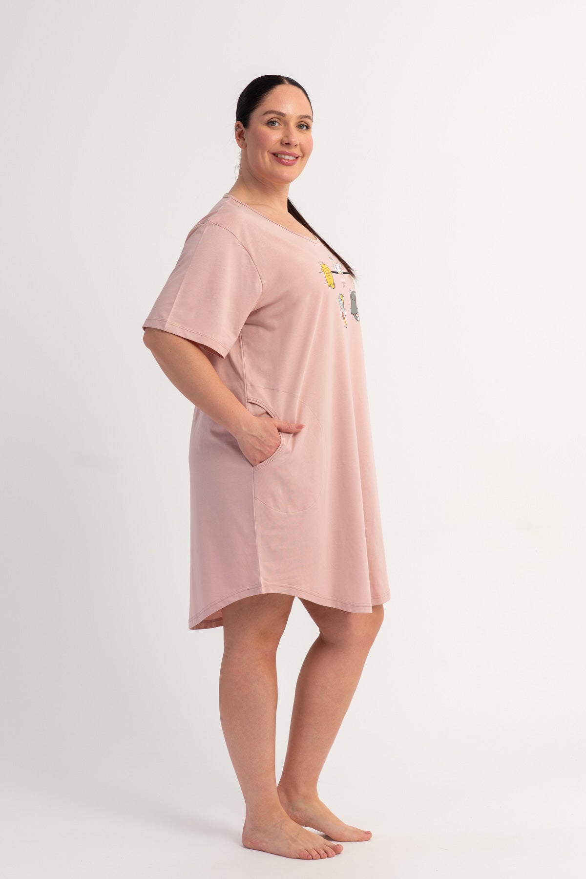 KADIN P.SUPREM XXL O YAKA KISA KOL ETEGI OVAL CEPLI TUNIK - PUDRA PEMBE