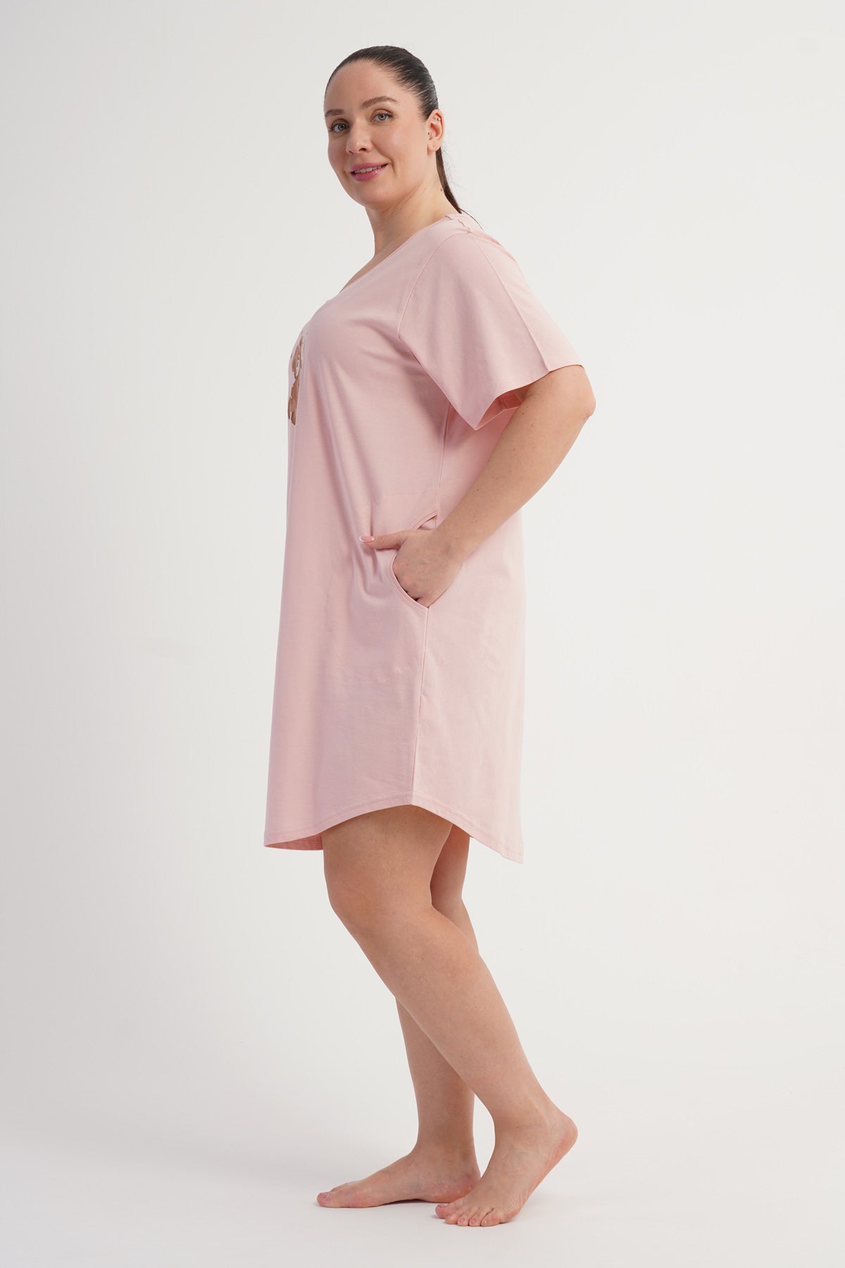 KADIN P.SUPREM XXL O YAKA KISA KOL ETEGI OVAL CEPLI TUNIK - PEMBE
