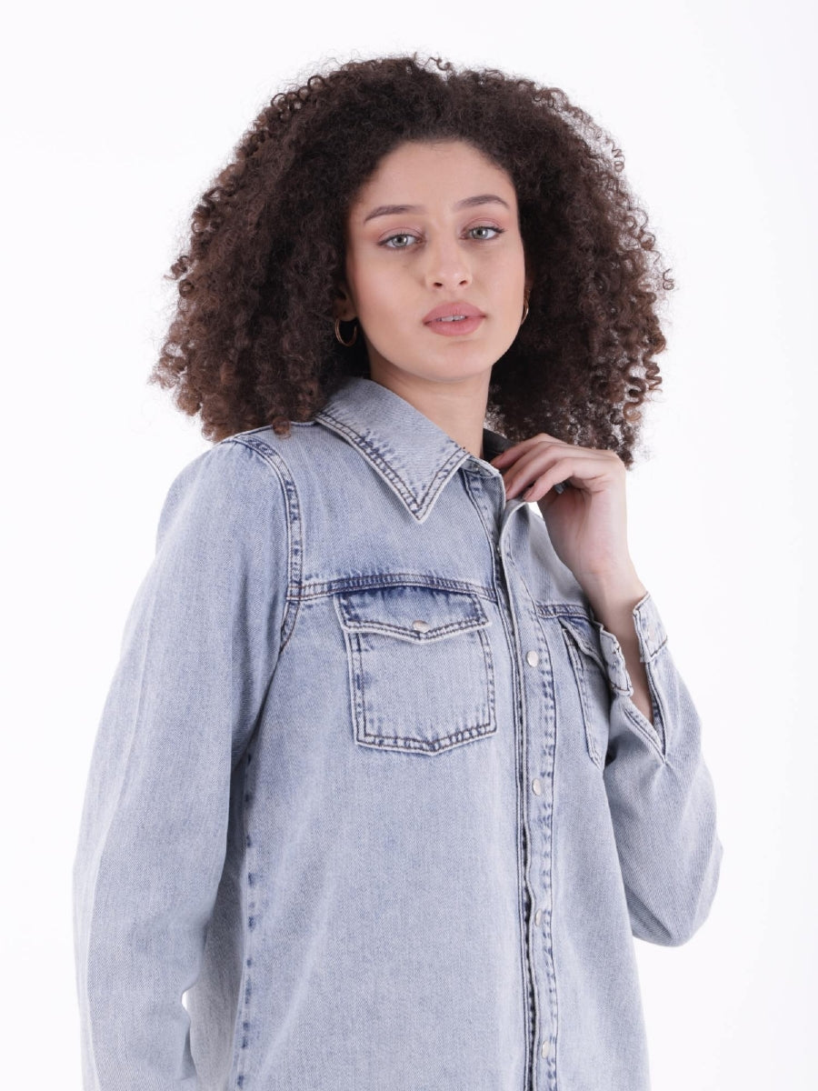 Çıtçıtlı Kot Gömlek - Orta Mavi Kar Yıkama Tintli - (S-XL-6) - 2