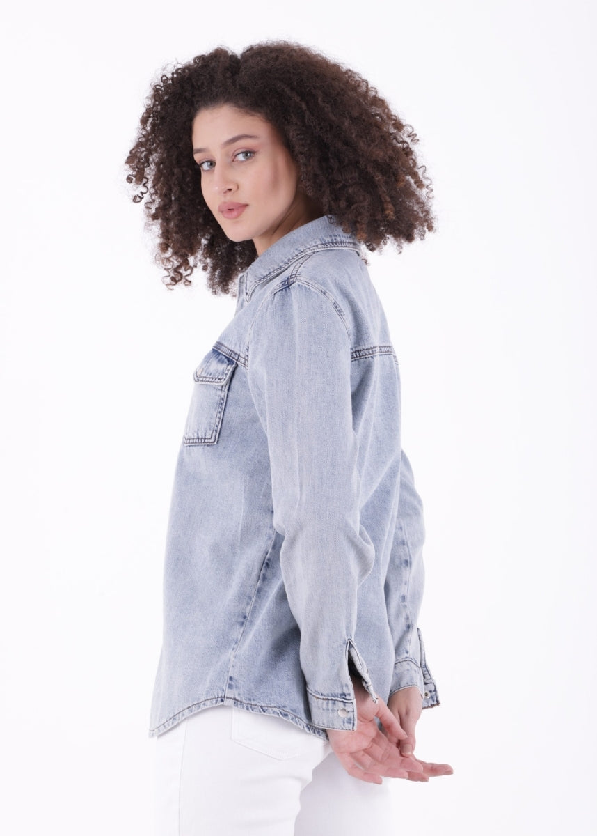Çıtçıtlı Kot Gömlek - Orta Mavi Kar Yıkama Tintli - (S-XL-6) - 3