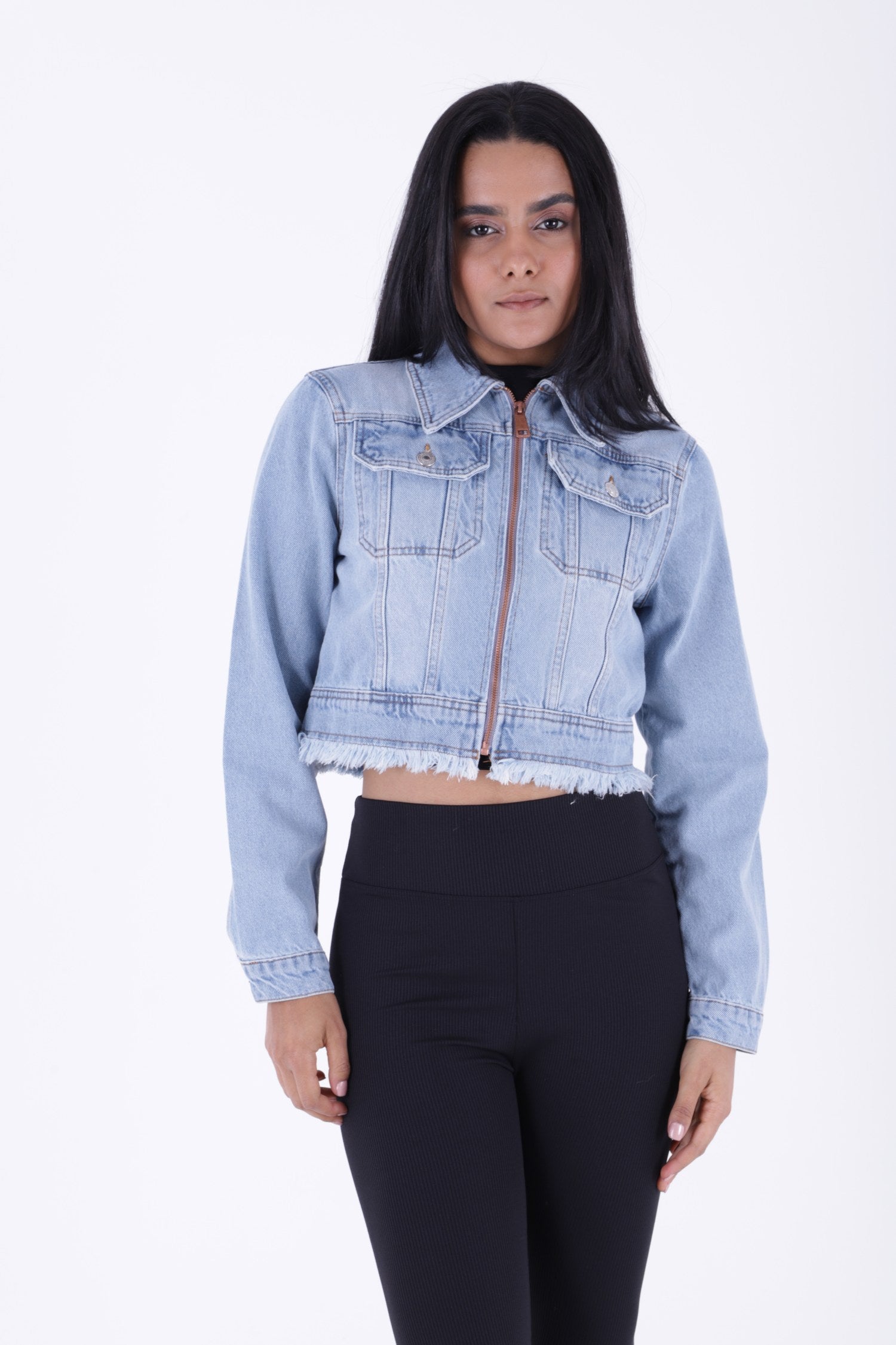 Fermuarlı Püskül Detaylı Kot Ceket - Buz Mavisi ve Tintli - (S-XL-6) - 2