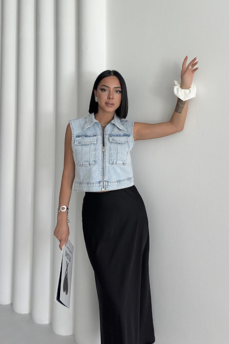 Fermuarlı Mini Kot Yelek - Açık Mavi Kot - (XS-XL-5) - 2