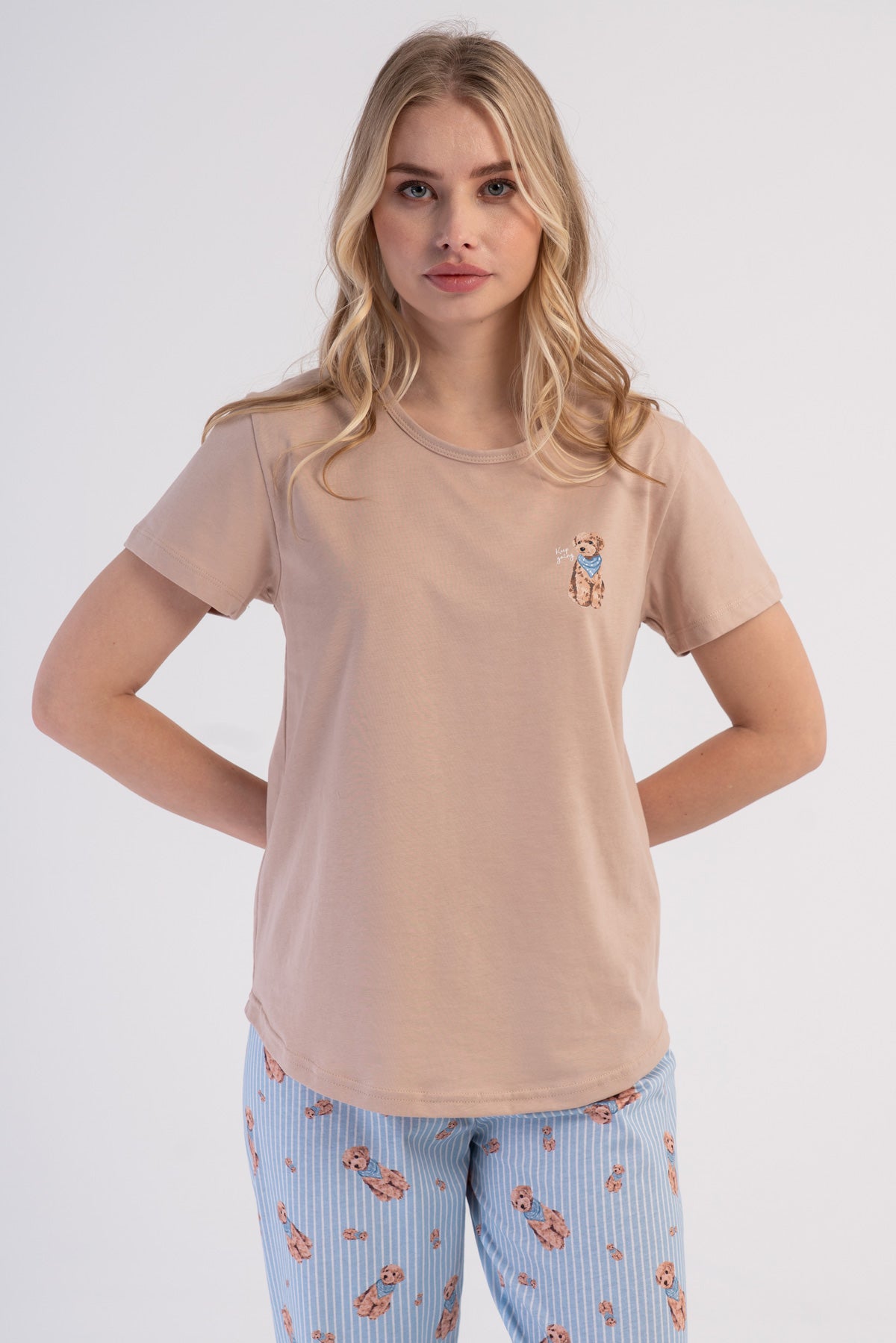 KADIN P.SUPREM O YAKA KISA KOL ETEGI OVAL PIJAMA TAKIM - BEJ