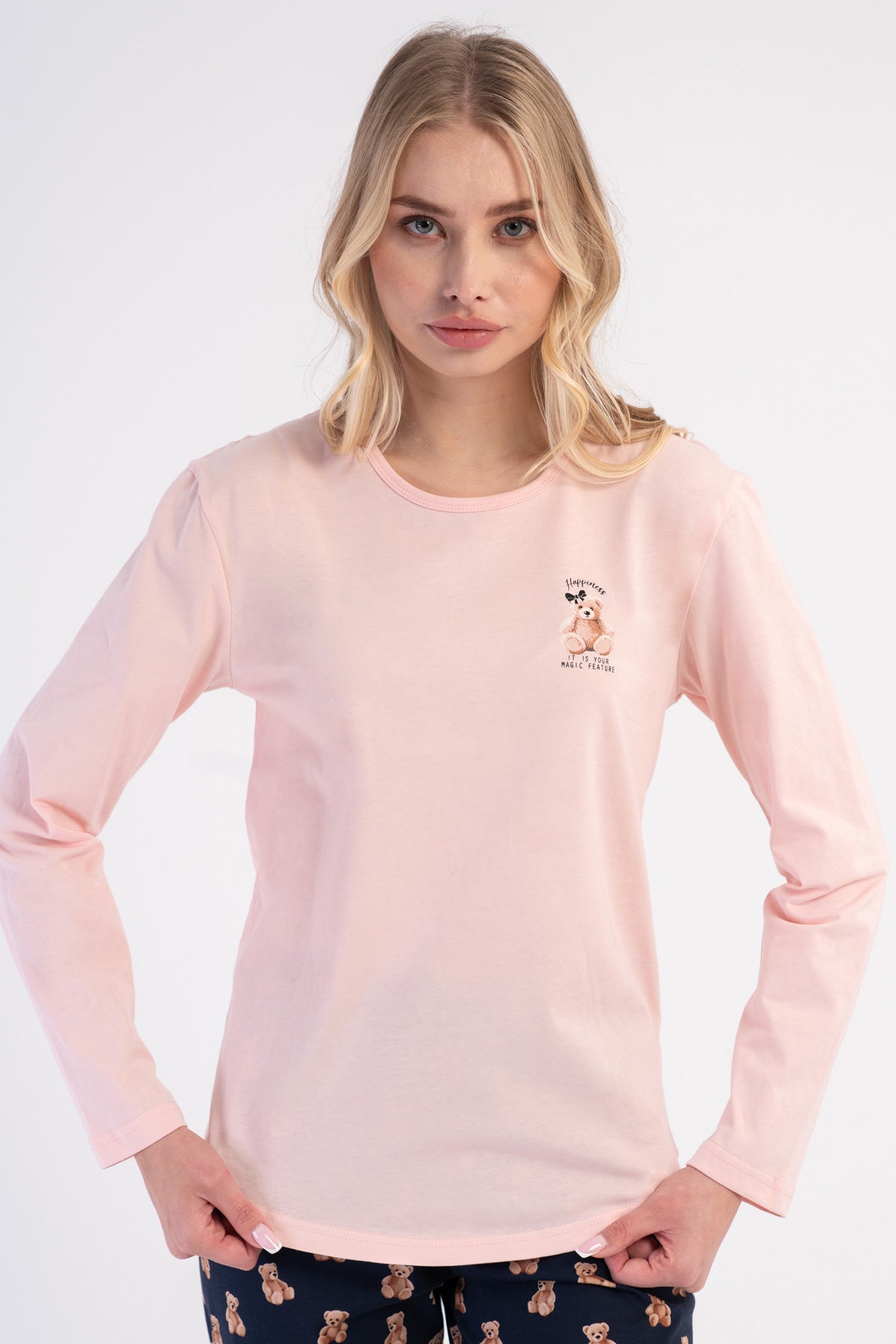 KADIN P.SUPREM O YAKA UZUN KOL ETEGI OVAL PIJAMA TAKIM - PEMBE