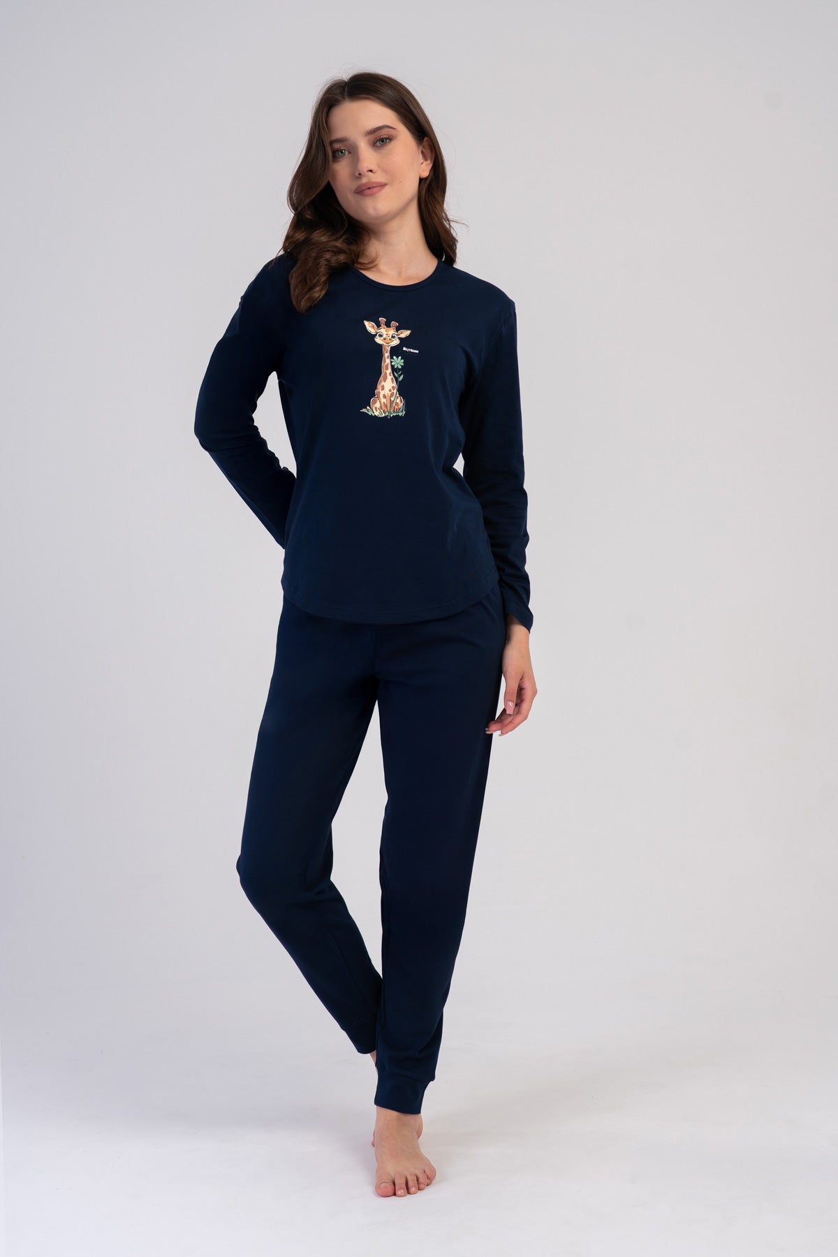 KADIN P.SUPREM O YAKA UZUN KOL ETEGI OVAL MANSETLI PIJAMA TAKIM - KOYU LACIVERT