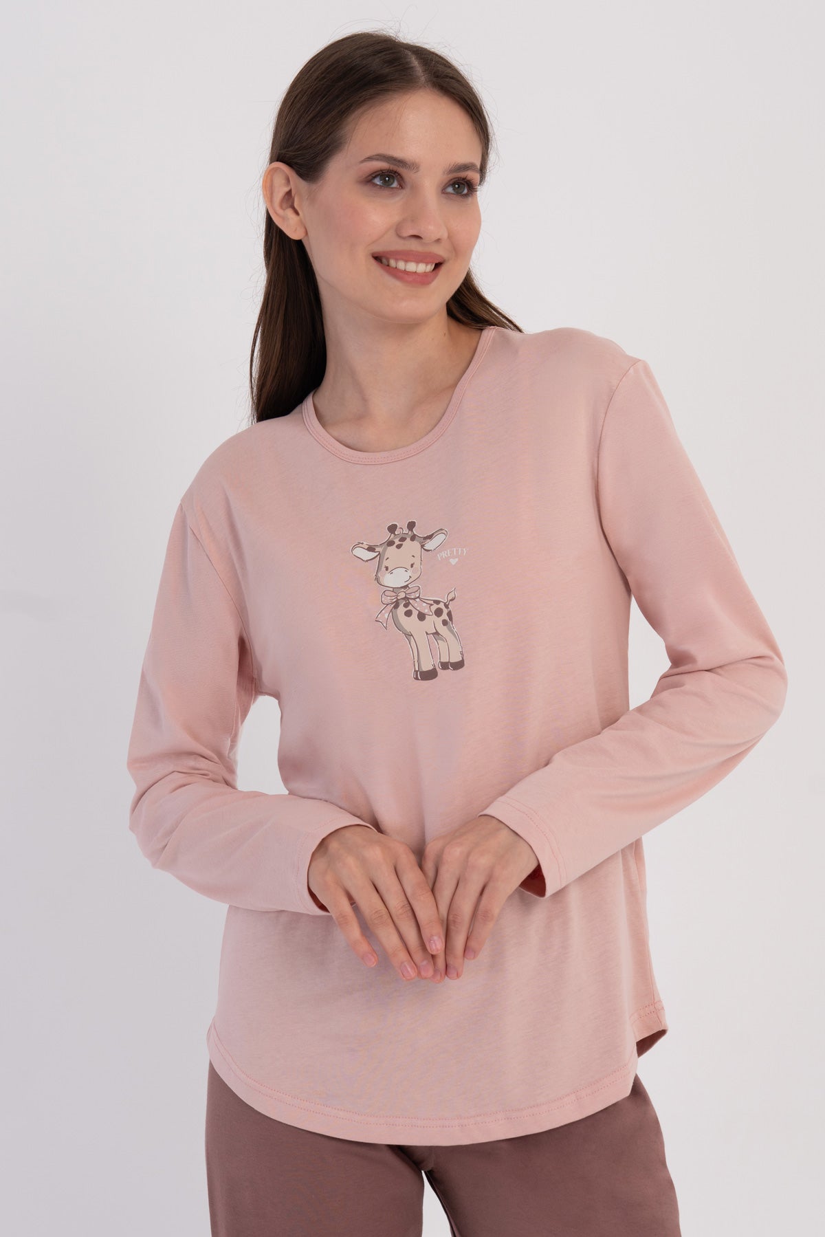 KADIN P.SUPREM O YAKA UZUN KOL ETEGI OVAL PIJAMA TAKIM - PUDRA PEMBE