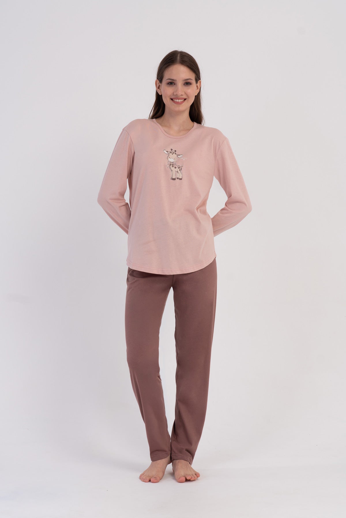 KADIN P.SUPREM O YAKA UZUN KOL ETEGI OVAL PIJAMA TAKIM - PUDRA PEMBE