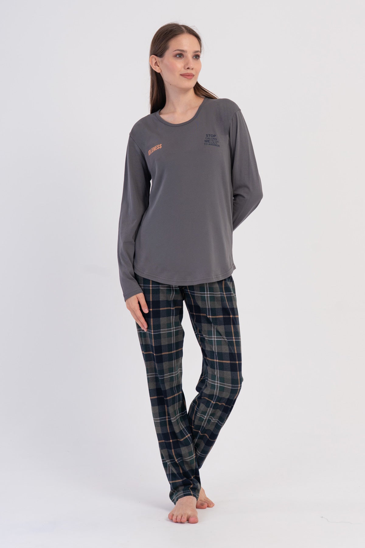 KADIN P.SUPREM O YAKA UZUN KOL ETEGI OVAL PIJAMA TAKIM - FUME