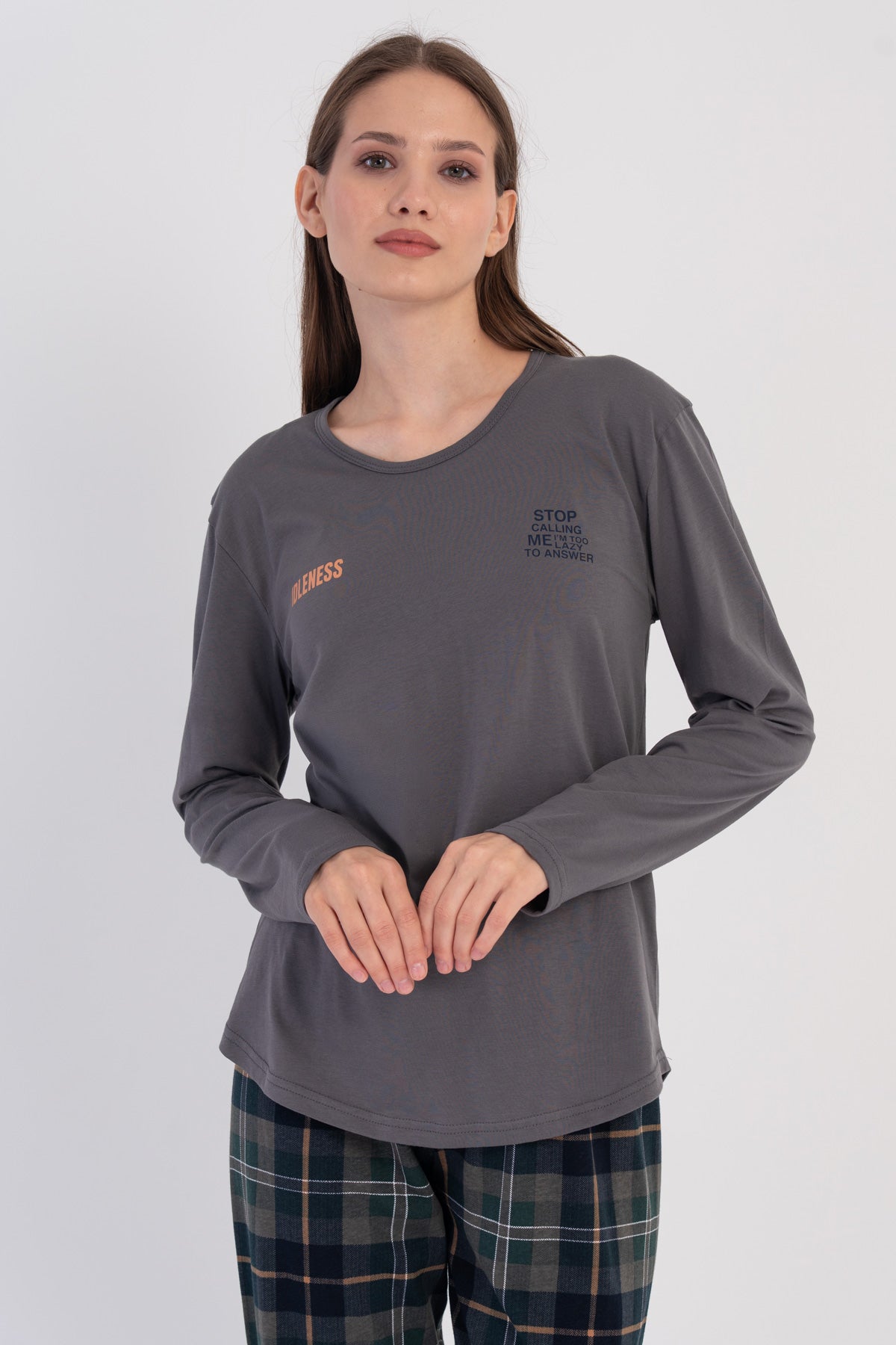KADIN P.SUPREM O YAKA UZUN KOL ETEGI OVAL PIJAMA TAKIM - FUME