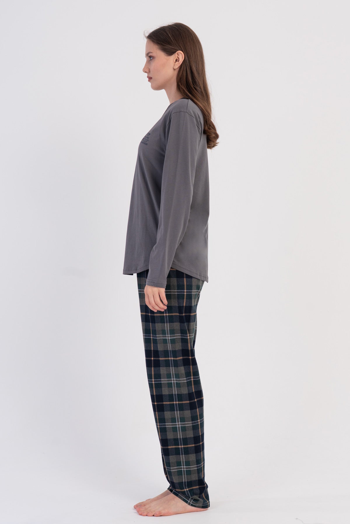KADIN P.SUPREM O YAKA UZUN KOL ETEGI OVAL PIJAMA TAKIM - FUME