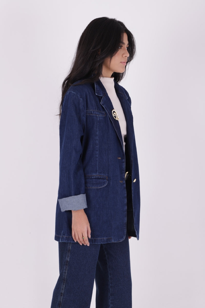 Düğmeli Klasik Blazer Ceket - Düz Koyu Rins - (S+L+4) - 3