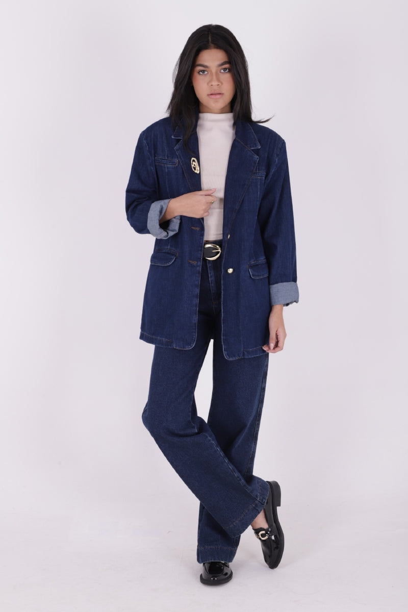 Düğmeli Klasik Blazer Ceket - Düz Koyu Rins - (S+L+4) - 4