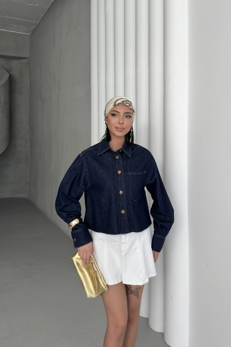 Kısa Cepli Kot Ceket - Slaplı Lacivert - (S-XL) - 3