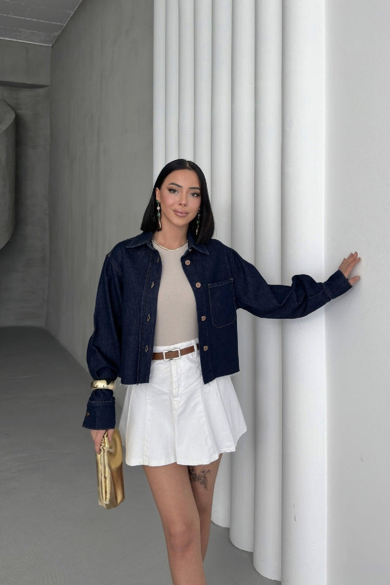 Kısa Cepli Kot Ceket - Slaplı Lacivert - (S-XL) - 4
