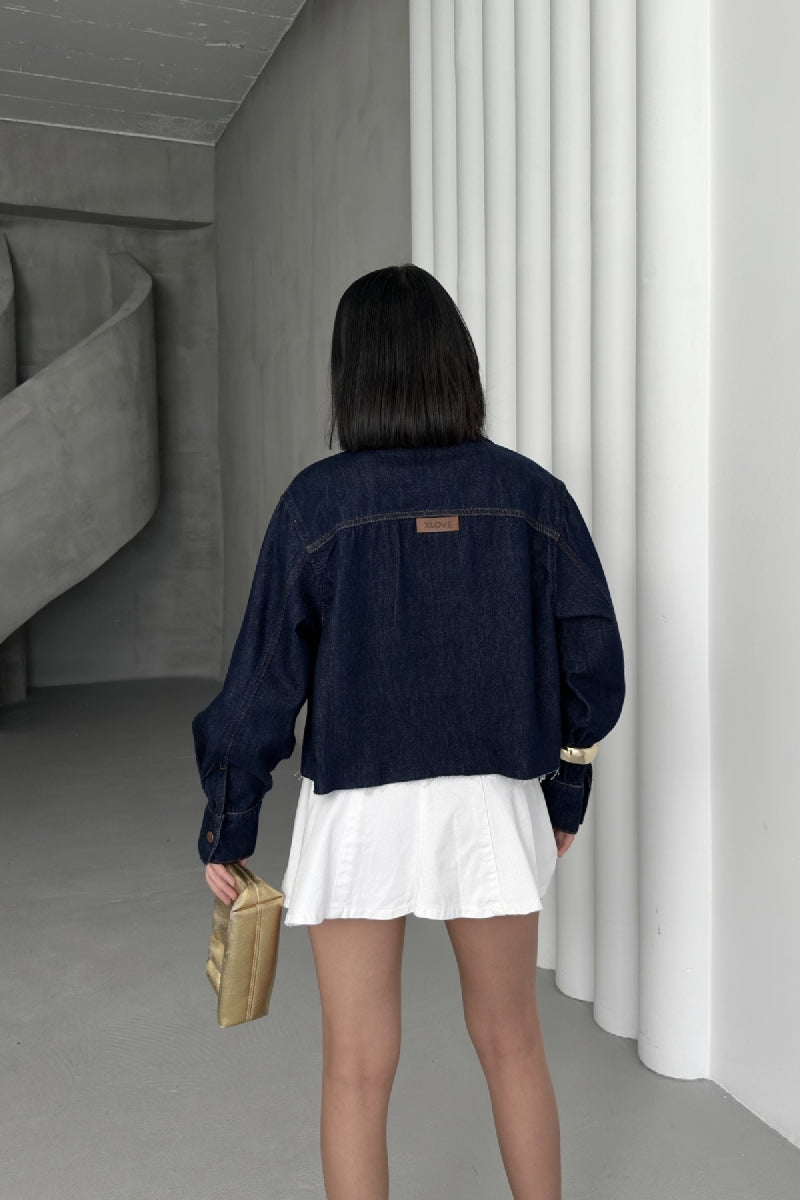 Kısa Cepli Kot Ceket - Slaplı Lacivert - (S-XL) - 5
