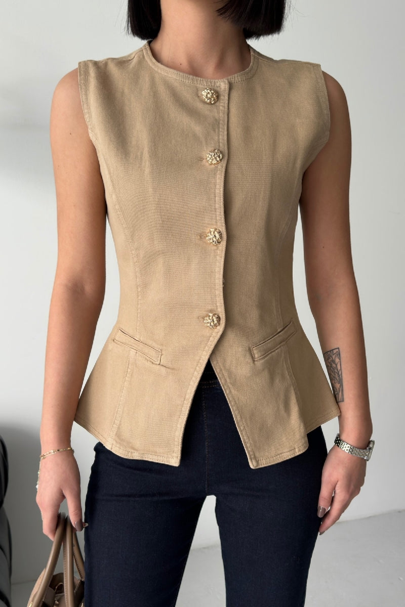 Belden Oturtmalı Düğmeli Kot Yelek - Camel - (S-XL) - 3