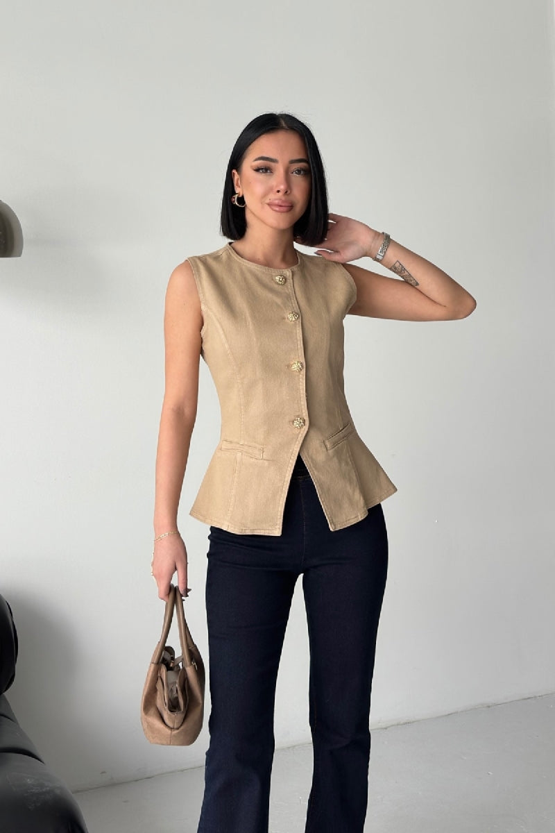 Belden Oturtmalı Düğmeli Kot Yelek - Camel - (S-XL) - 4