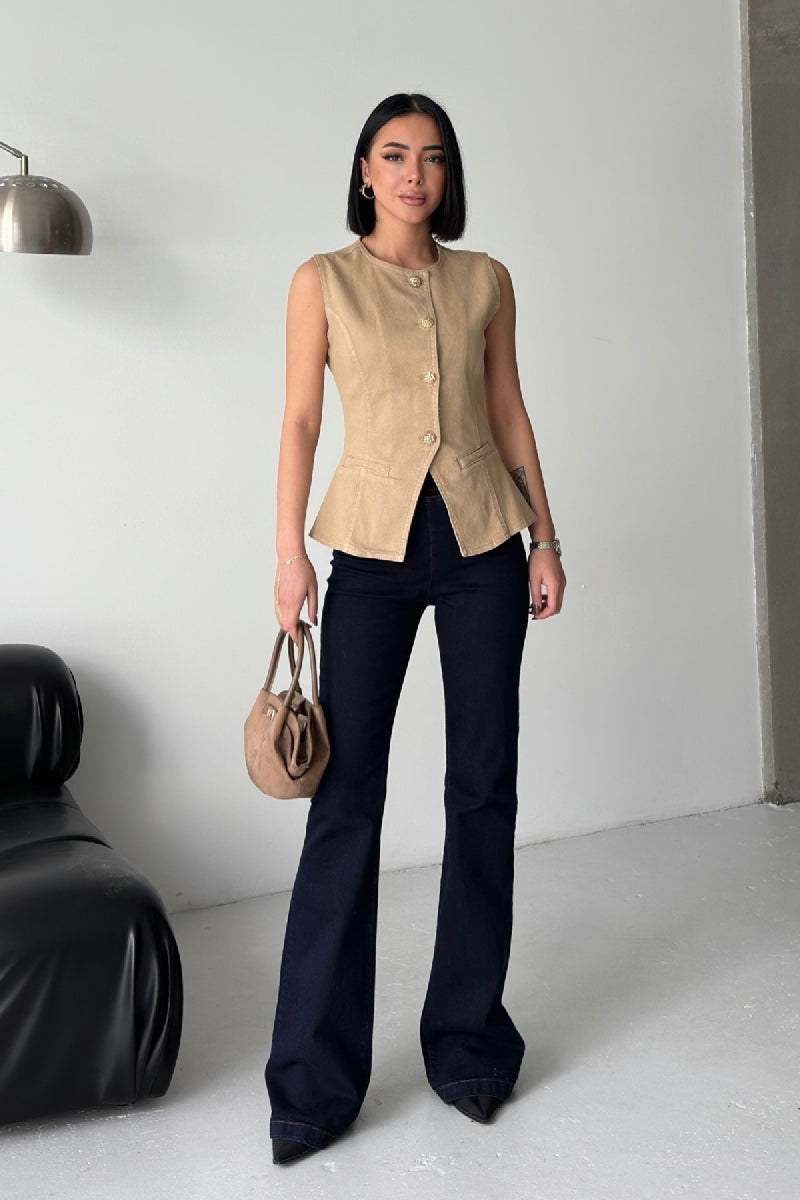 Belden Oturtmalı Düğmeli Kot Yelek - Camel - (S-XL) - 6