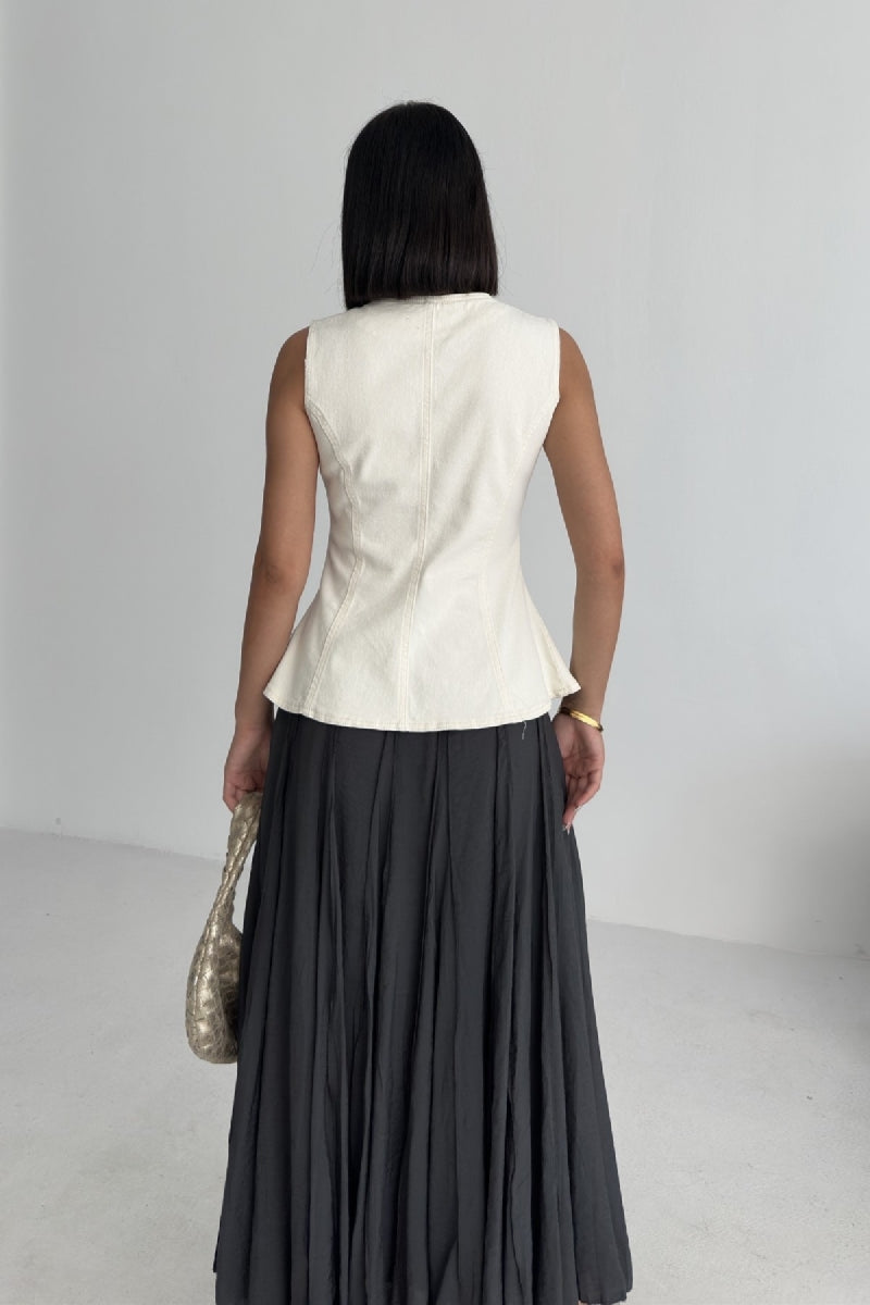 Belden Oturtmalı Düğmeli Kot Yelek - Naturel - (S-XL) - 2