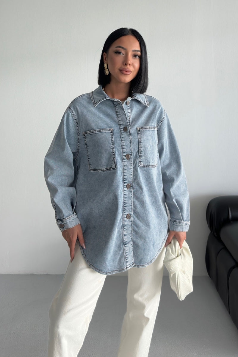 Oversize Kot Gömlek Kar Yıkama Açık Mavi