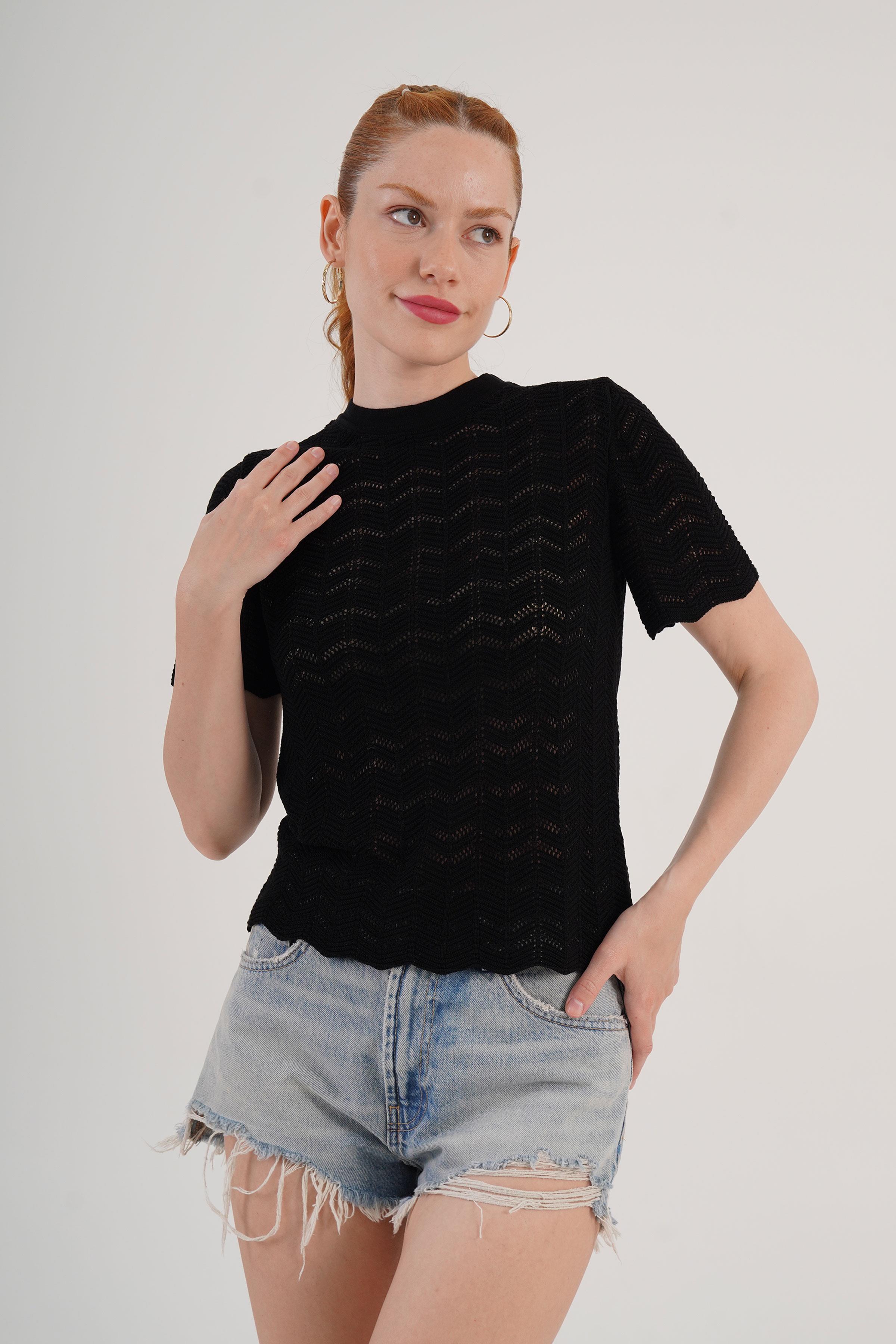 Örgü Model Kısa Kol Toptan Siyah Triko Bluz Siyah STD