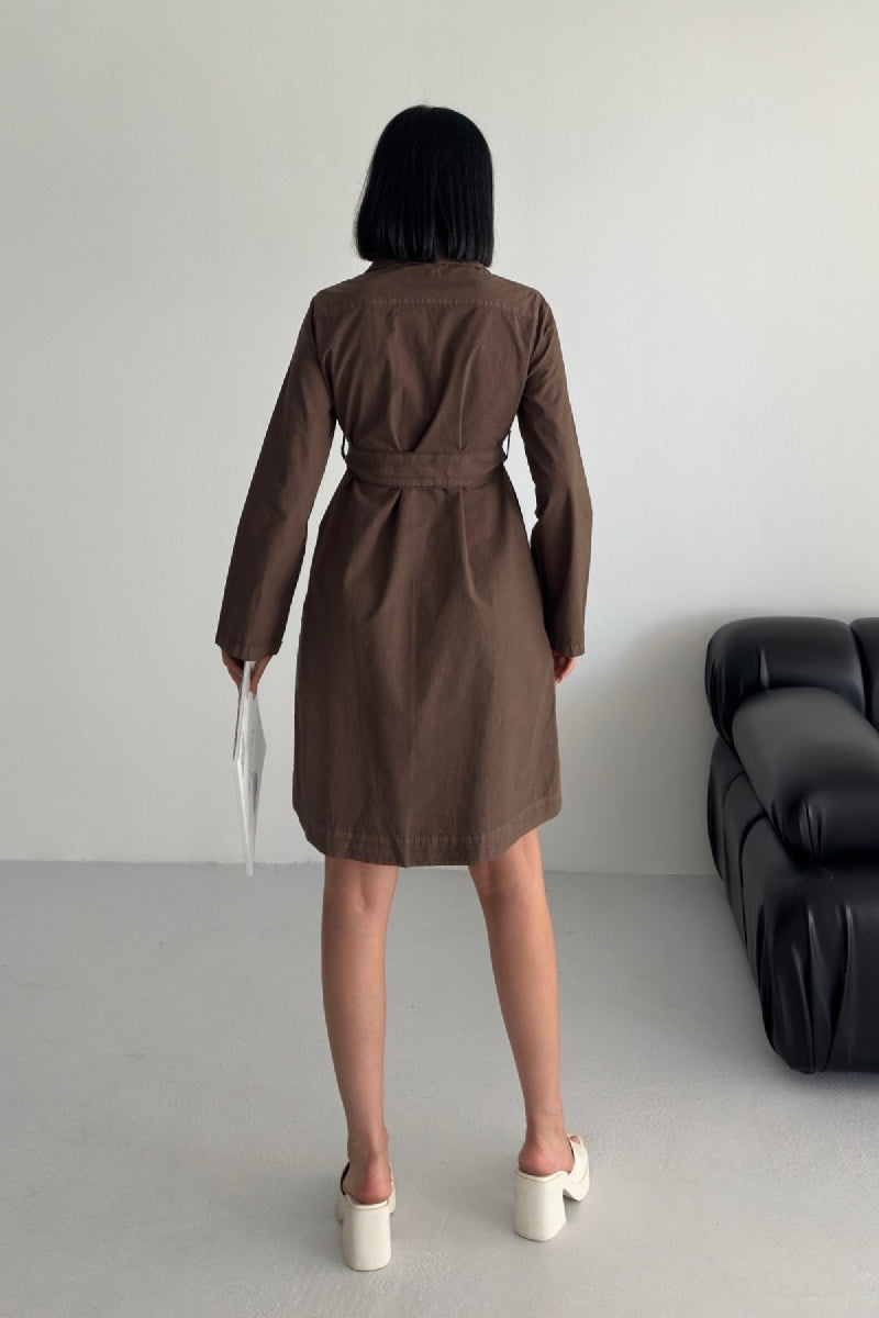 Düğmeli Uzun Gömlek Elbise - Kahverengi - (S-XL) - 2
