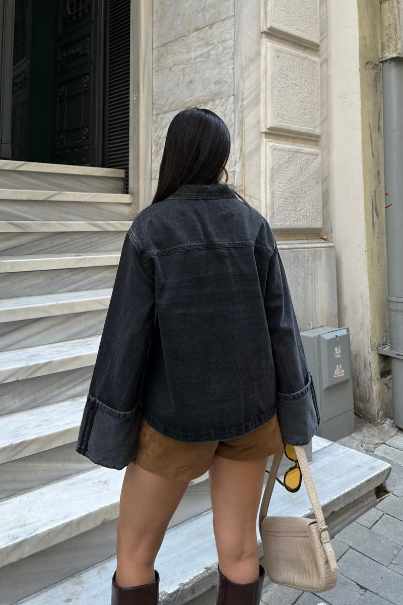 Kolu Katlama Detaylı Kot Ceket - Düz Antrasit - (S-L-3) - 4