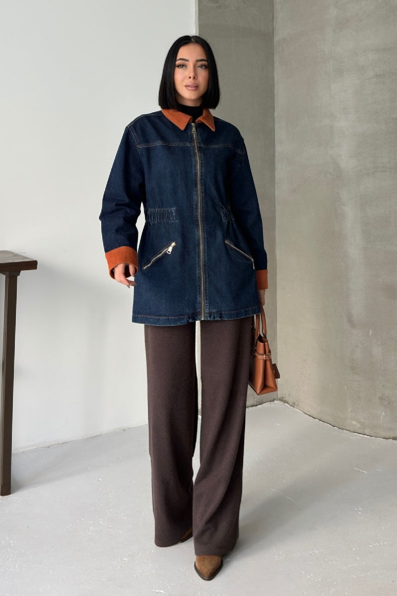 Kadife Detaylı Fermuarlı Kot Ceket - Düz Koyu Rins - (S-XL) - 5