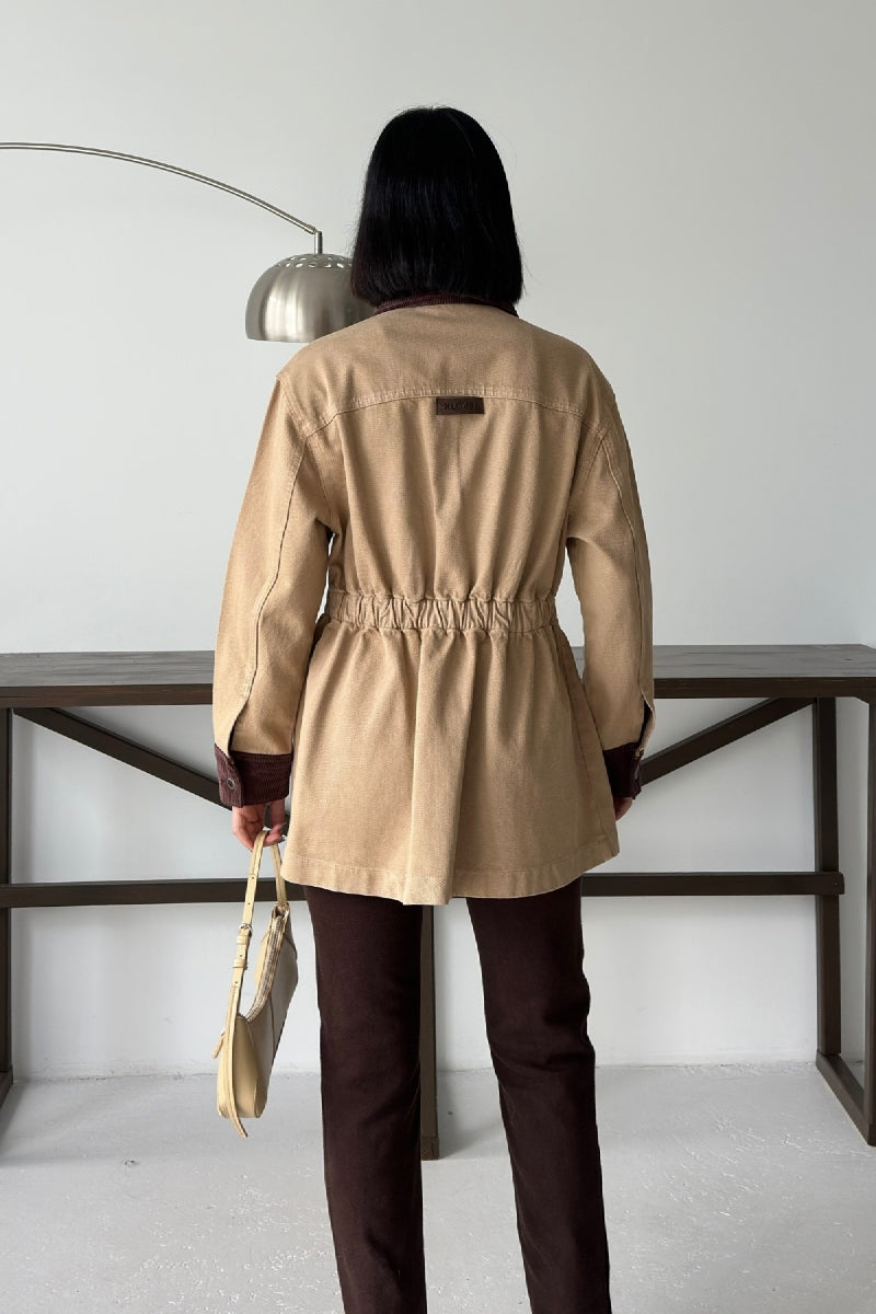 Kadife Detaylı Fermuarlı Kot Ceket - Camel - (S-XL) - 2