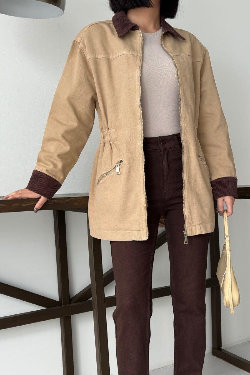 Kadife Detaylı Fermuarlı Kot Ceket - Camel - (S-XL) - 4