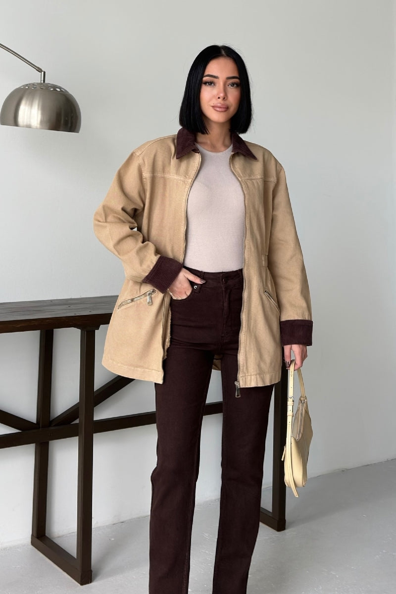 Kadife Detaylı Fermuarlı Kot Ceket - Camel - (S-XL) - 5