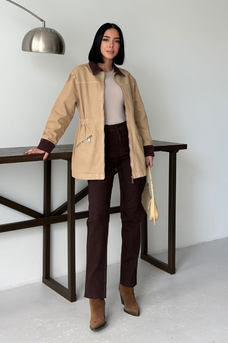 Kadife Detaylı Fermuarlı Kot Ceket Camel